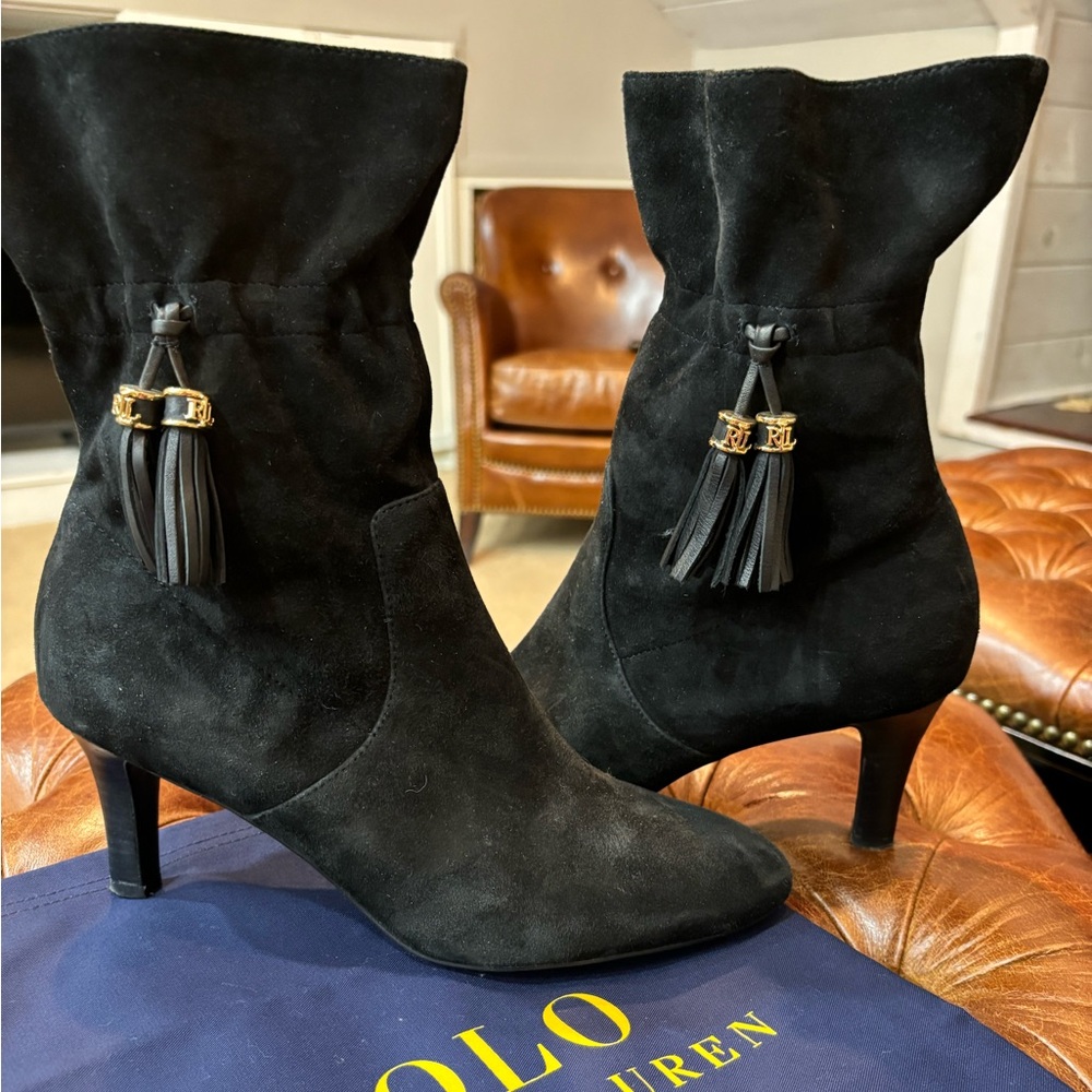 Polo Ralph Lauren, black suede booties, size 9.5, 3” heel. Great condition!